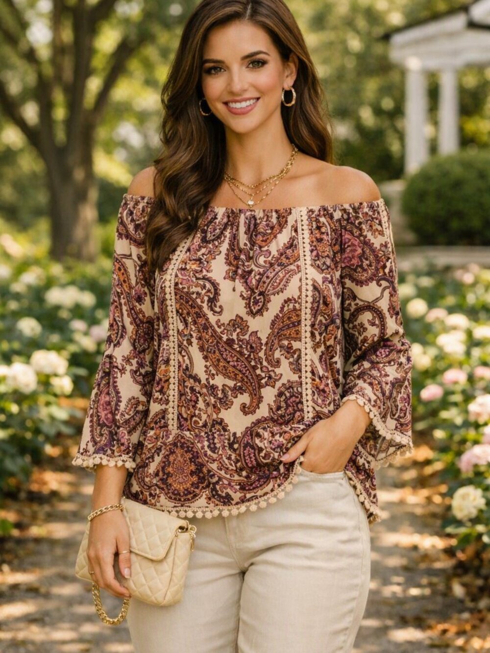 Women’s Cream Paisley Peasant Blouse with Purple, lavender, cream, Paisly design
